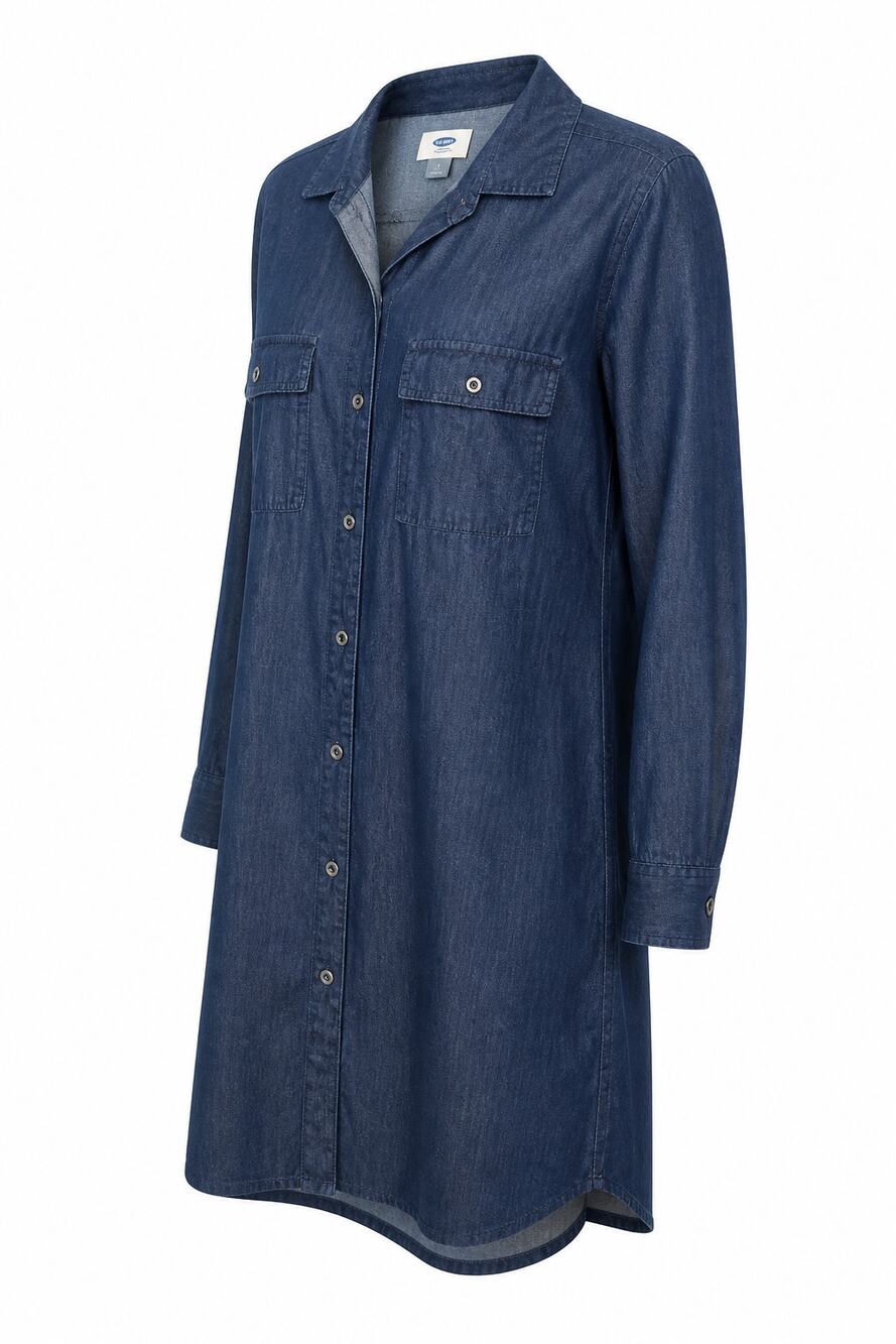 Old Navy Blue Chambray Shirt Dress SZ M Cotton Button Down Utility Pocket Casual